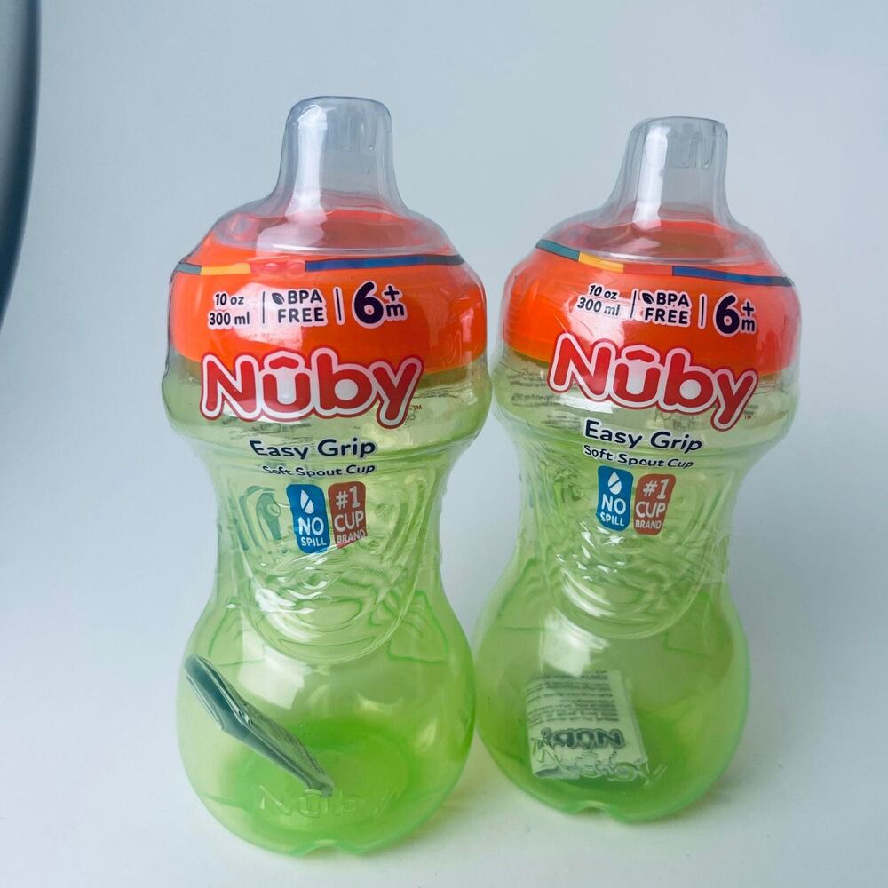 2x Nuby Trainer Sippy Cup Easy Grip No Spill Soft Flex Spout, 10oz 300ml - Green